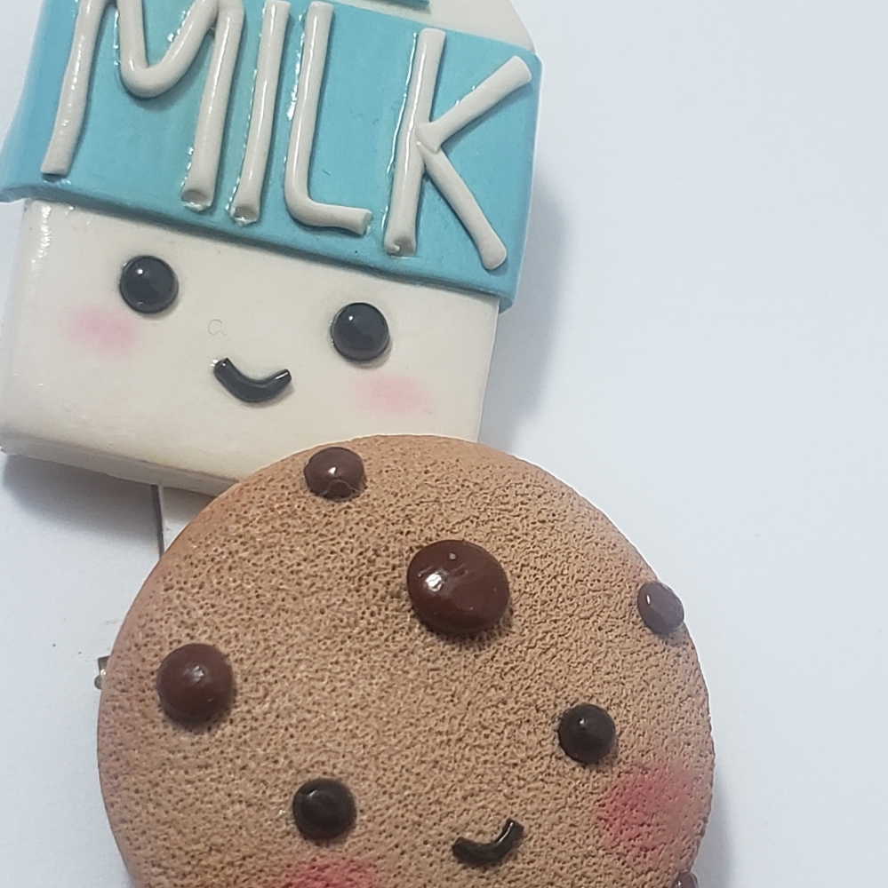 Cookies and milk pair of clay brooches. Handmade